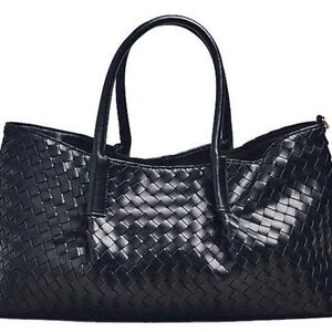 Anthropologie Black Woven Faux Leather Tote Bag +Removable Pouch (Rare/Sold Out)